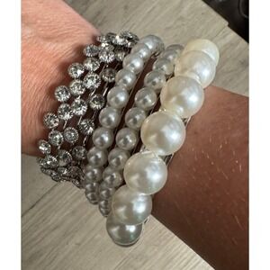 Set of Two Bangle Bracelets Rhinestone Pearl New with‎ Tags Formal Homecoming
